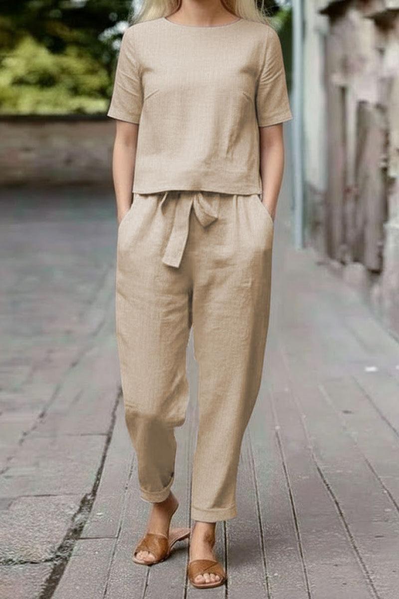 Women’s beige cotton linen set with short-sleeve top and straight-leg drawstring pants in relaxed fit