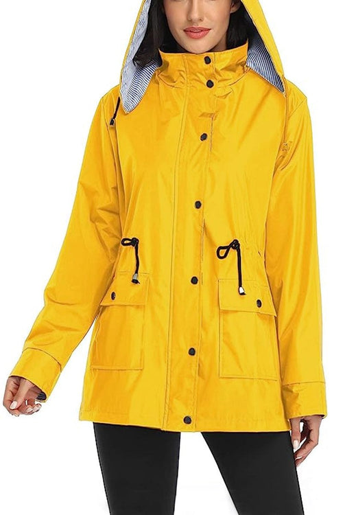 Yellow water resistant windbreaker jacket with hood and striped inner lining for women