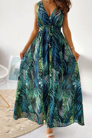 Casual sleeveless dress with blue and green tropical leaf print, lightweight and flowy summer gown.