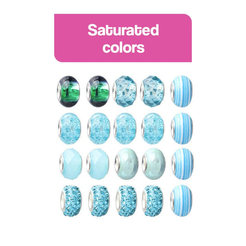 Colorful blue and green beads for kids bracelet-making kit with saturated colors