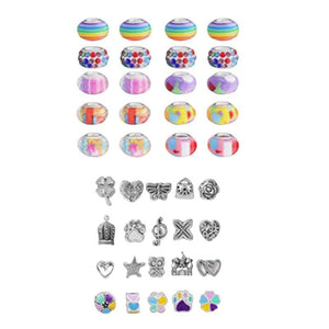 Kids Bracelet-Making Kit with colorful beads and metal charms for creative jewelry crafting.