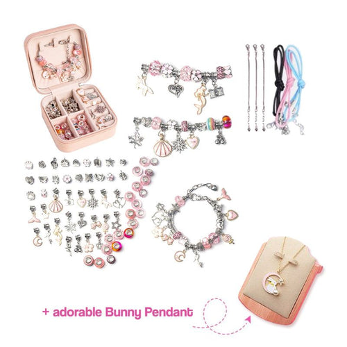Kids Bracelet-Making Kit with beads, charms, chains, and bunny pendant for creative jewelry crafting.