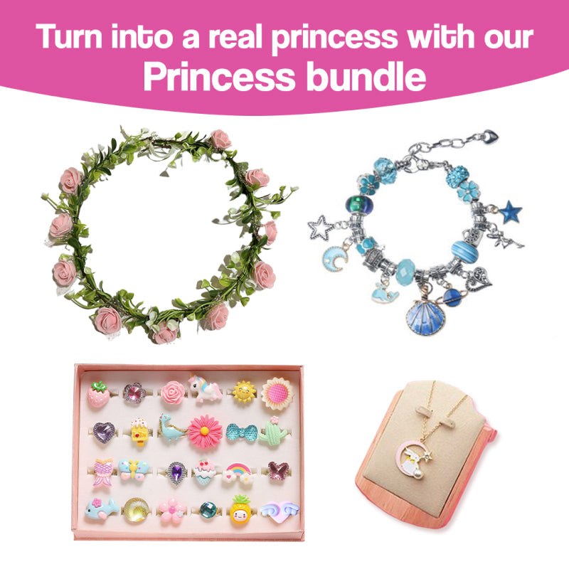 Princess bundle with flower crown, charm bracelet, colorful rings set, and crescent moon necklace from bracelet-making kit for kids