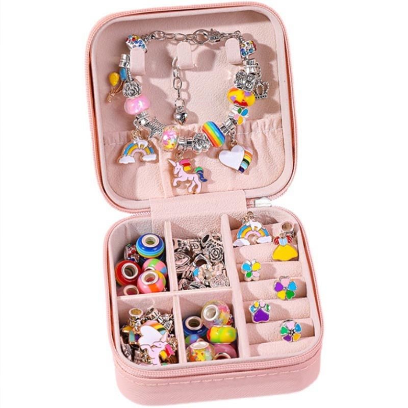 Kids bracelet-making kit with colorful beads and charms in pink storage case