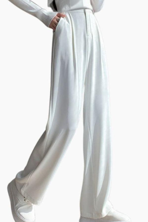 White casual loose wide-leg high-waisted straight pants with soft breathable fabric