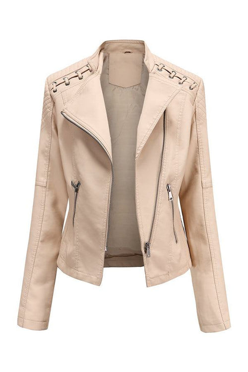 Beige slim fit leather motorcycle jacket with side zipper and textured rope detail