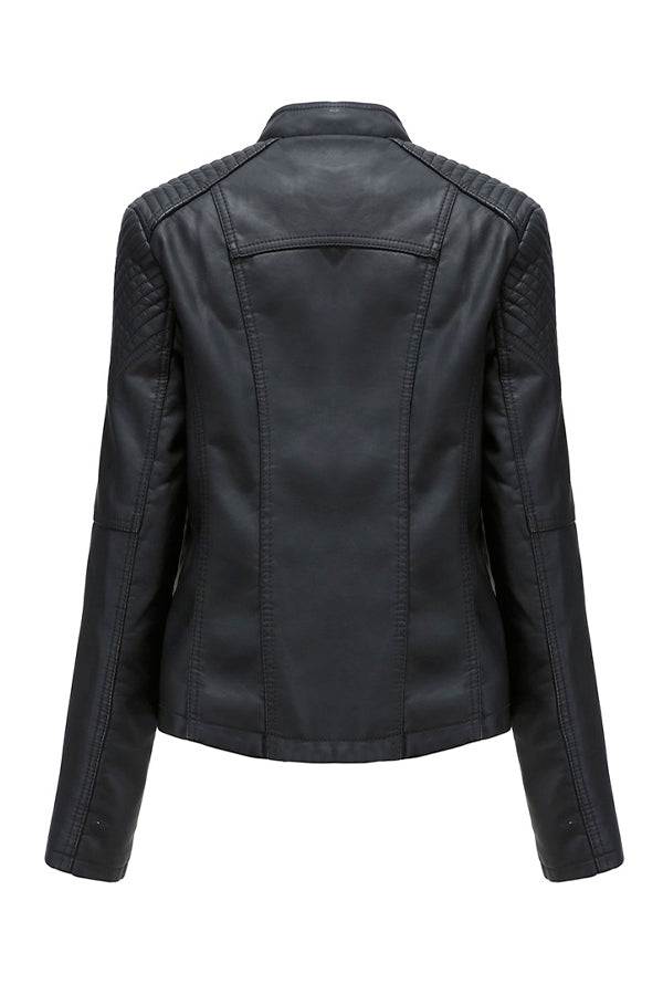 Back view of slim fit leather motorcycle jacket in black with quilted shoulder details