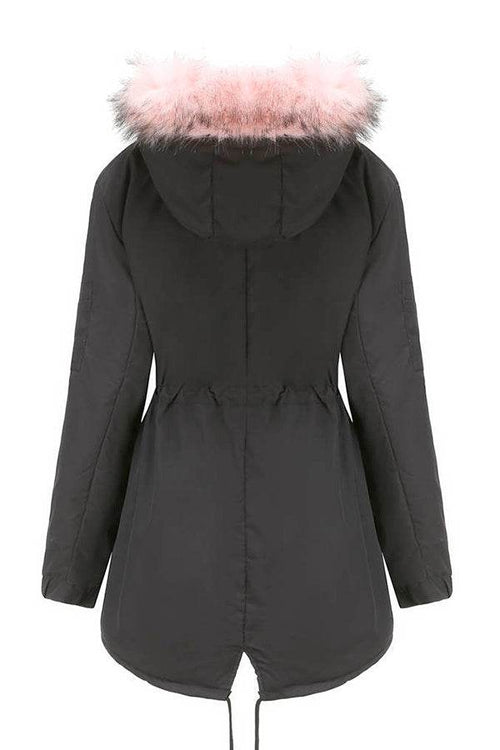 Black Fur Collar Fleece Coat with pink hood trim, mid-length, adjustable fit, warm polyester fleece interior
