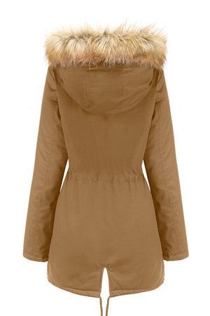 Back view of large hooded velvet coat with faux fur trim on hood in brown color
