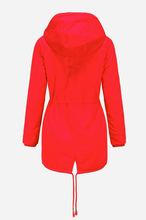 Back view of extra comfortable cotton parka coat in bright red with hood and adjustable waist drawstring