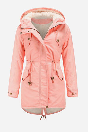 Extra Comfortable Cotton Parka Coat in pink with fluffy lined hood and adjustable cuffs for warmth and style