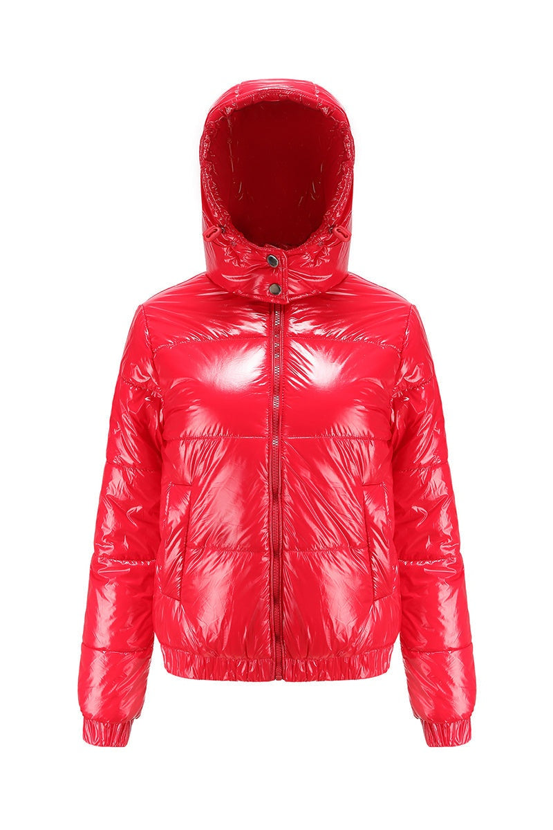 Red reflective anti-splash puffer jacket with slim fit and undetachable hood