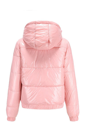 Pink reflective anti-splash slim fit puffer jacket with undetachable hood and hand pockets, water-resistant polyester winter coat
