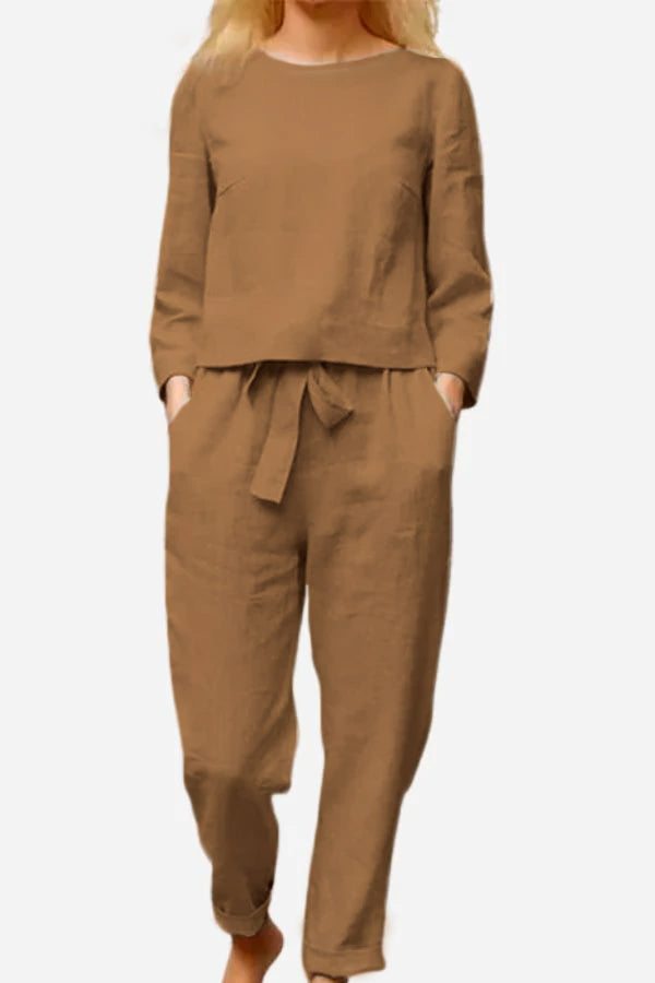 Retro monochrome linen two-piece set with long sleeves and relaxed fit pants