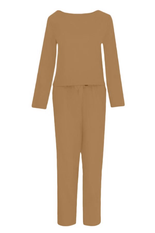 Retro Monochrome Linen two-piece set in brown breathable cotton linen with long sleeves and pants
