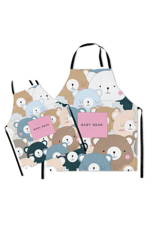 Matching Mommy & Me Apron Set with cartoon bear pattern, oil-proof cotton linen, and convenient pockets for kitchen bonding