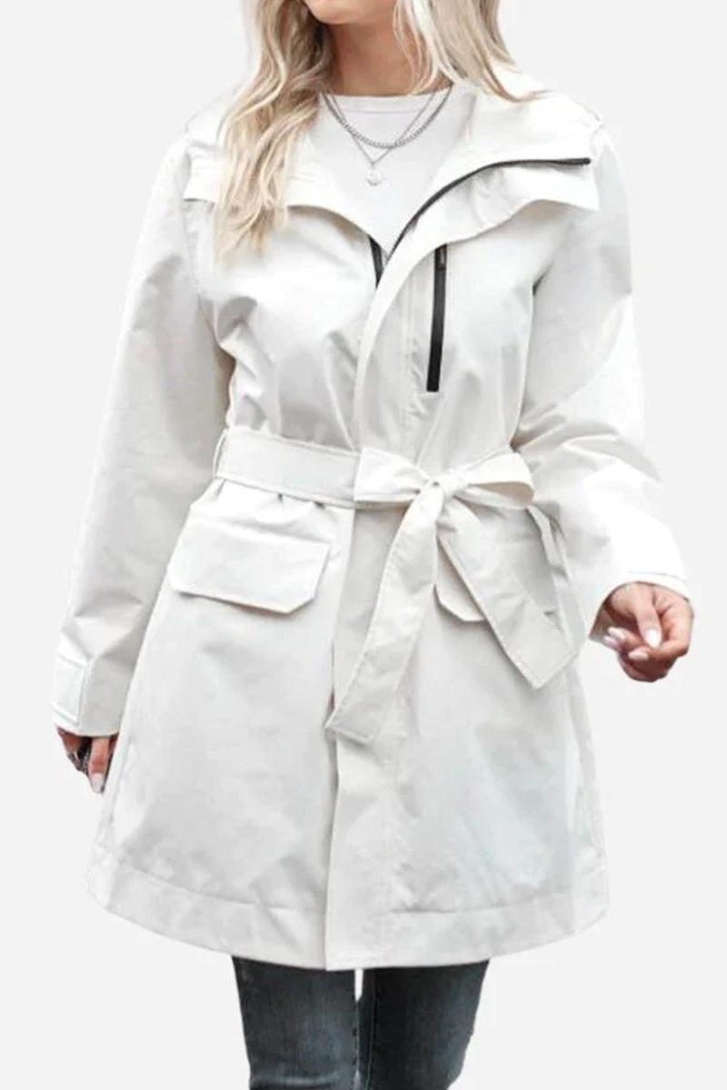 White water-resistant windbreaker trench jacket with trench-style belt and front pockets