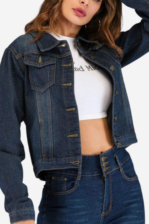 Urban Grace Stretch Denim Jacket on woman, dark blue stretch denim, front pockets, button closure, casual stylish fit