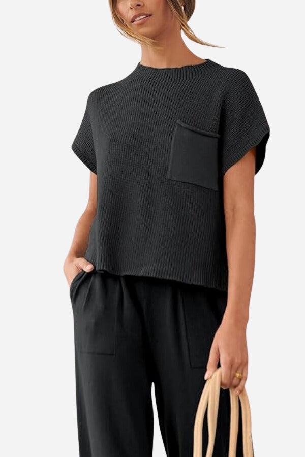 Comfy Couture Knit Sweater two-piece set with knit pullover and high-waisted pants in black, cozy and stylish outfit for casual and workwear.