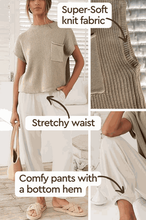 Comfy Couture Knit Sweater two-piece set with super-soft knit fabric, stretchy waist, and comfy pants with bottom hem.