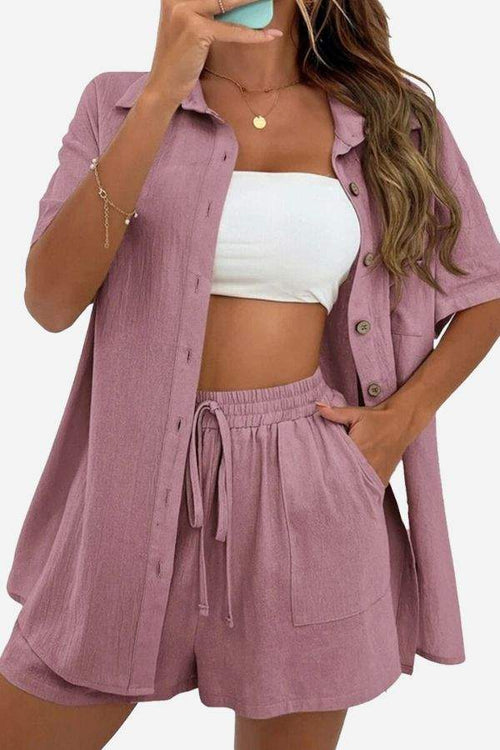 Sunny Day Vibrance two-piece set with pink oversized shirt and matching shorts for summer style