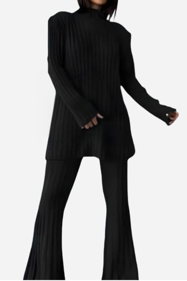 Timeless Striped Two-Piece knitwear set in black ribbed polyester with long sleeves and flared pants