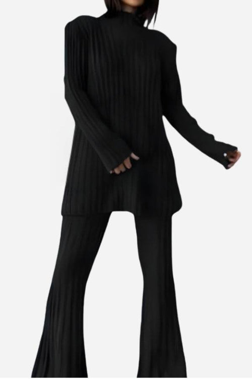 Timeless Striped Two-Piece knitwear set in black ribbed polyester with long sleeves and flared pants