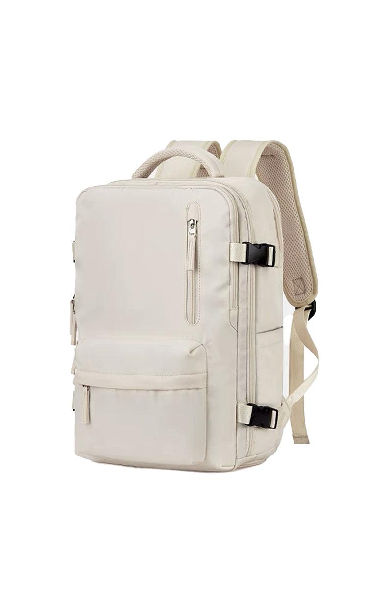 Chic Wanderlust Waterproof Backpack in beige with multiple compartments and ergonomic straps, designed for stylish and durable travel use.