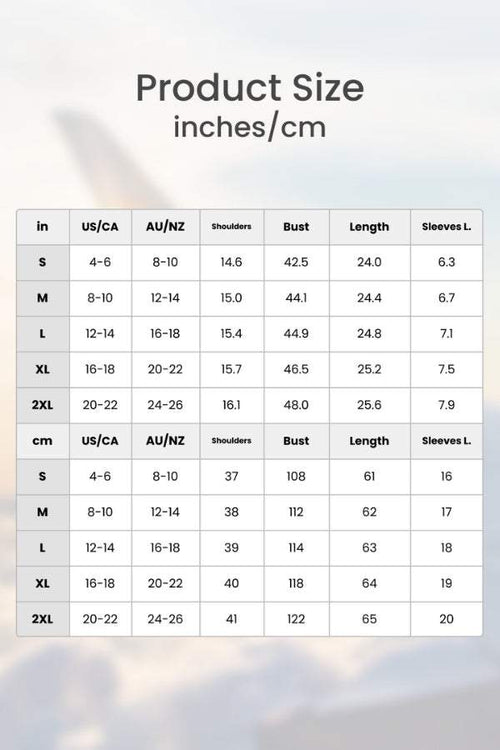Relaxed loose breathable linen blouse size chart with measurements in inches and centimeters for shoulders, bust, length, and sleeve length.