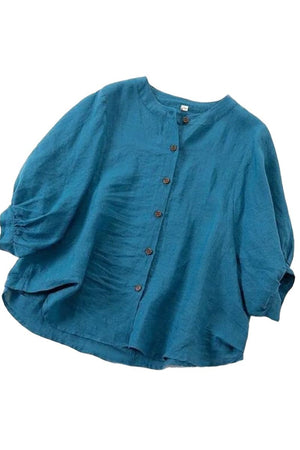 Relaxed loose breathable linen blue blouse with button-down front and 3/4 sleeves
