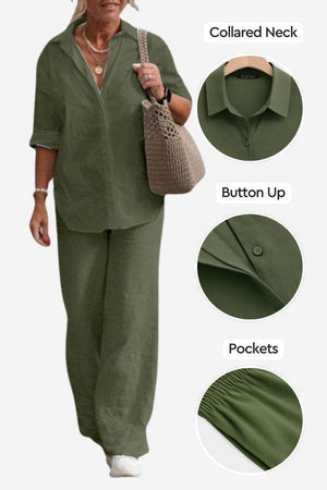 Women's relaxed shirt and trousers two-piece set in olive green with collared neck, button-up front, and pockets, made of soft breathable fabric for casual wear.