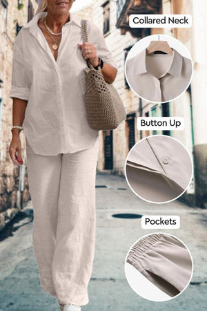 Woman wearing white relaxed shirt and trousers two-piece set with collared neck, button-up front, and elastic pocketed trousers.