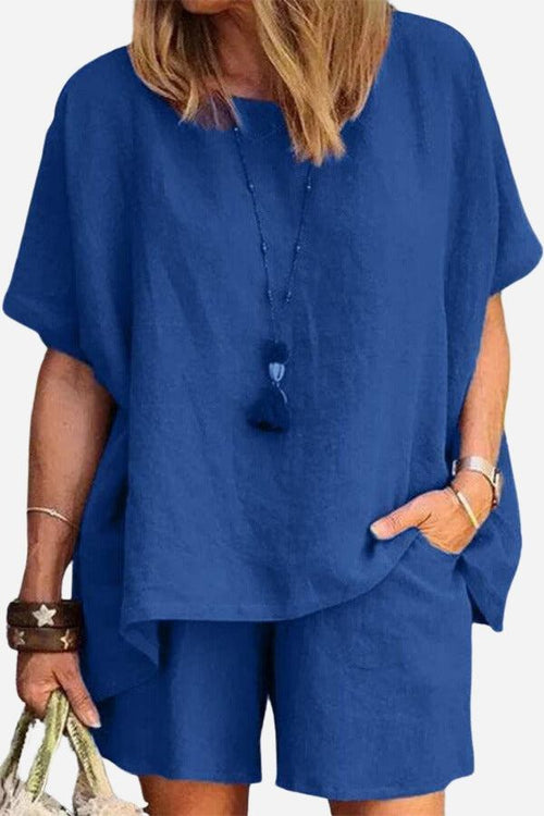 Comfy linen-like shirt and shorts two-piece set in blue, loose-fitting breathable fabric, casual summer outfit