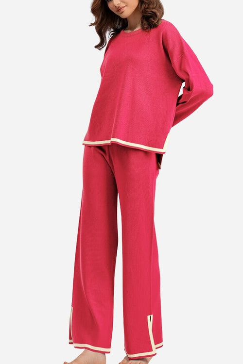 Long sleeved relaxed fit lounge two-piece set in pink with wide-leg palazzo pants and contrasting trim