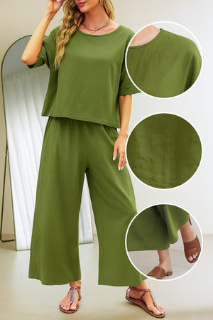Olive green loose fit co-ord set with relaxed short sleeve top and wide-leg pants, casual and comfortable daily wear.