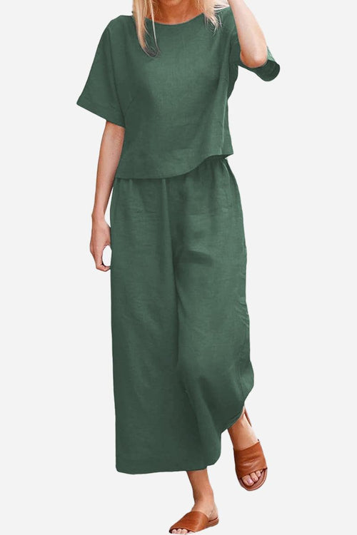 Green loose fit co-ord set with short wide-sleeve top and wide-leg pants for casual comfort