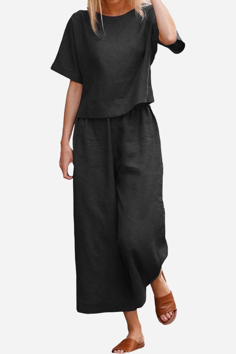 Black loose fit co-ord set with short sleeves and wide-leg pants for relaxed comfort
