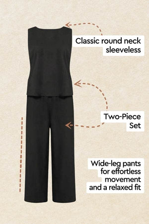 Loose solid color sleeveless two-piece set with classic round neck and wide-leg pants for relaxed fit and effortless movement