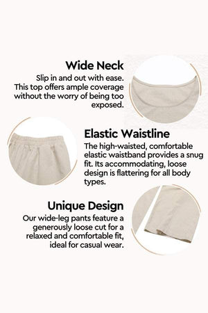 Loose solid color sleeveless two-piece set with wide neck, elastic waistband, and loose wide-leg pants design.