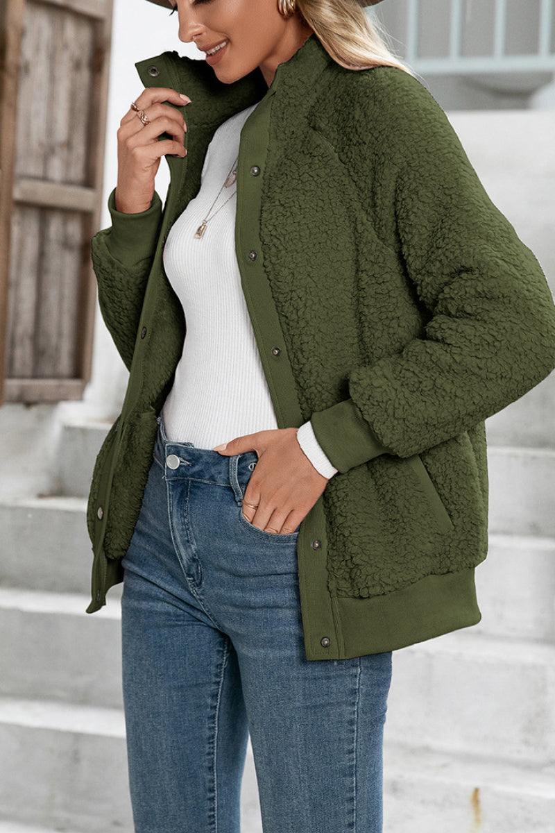 Cozy long sleeve button sherpa jacket in olive green with warm fleece interior and soft exterior