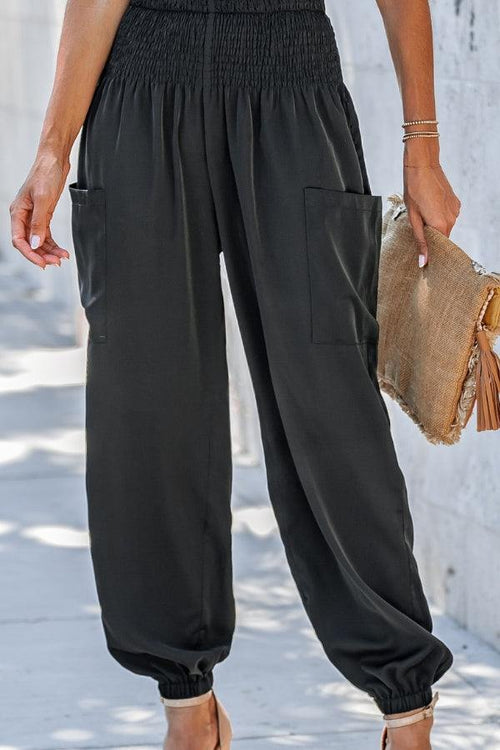 Boho Dreamer High-Waist elastic black jogger pants with pockets and cinched ankles for comfort and style