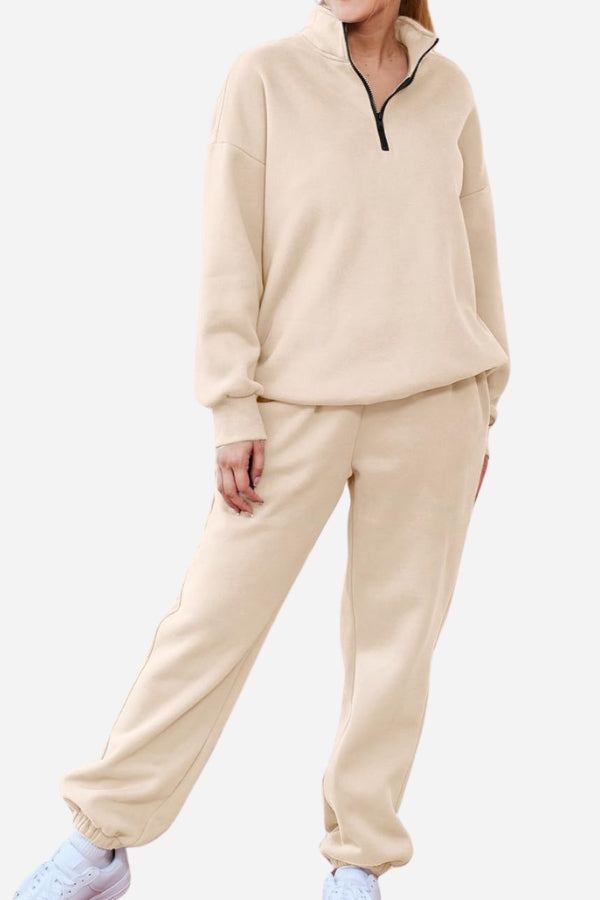 Ultra-soft and comfy co-ord tracksuit set in beige with zip-up top and relaxed fit pants.
