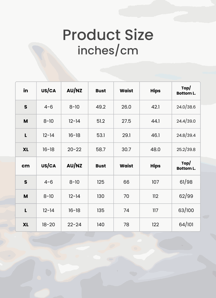 Two-piece knitwear relaxed co-ord set size chart with bust, waist, hips, top and bottom length measurements in inches and centimeters