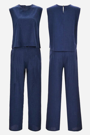 Casual Radiance Loose-Fit Combo navy blue sleeveless top and loose-fitting pants set in breathable cotton blend