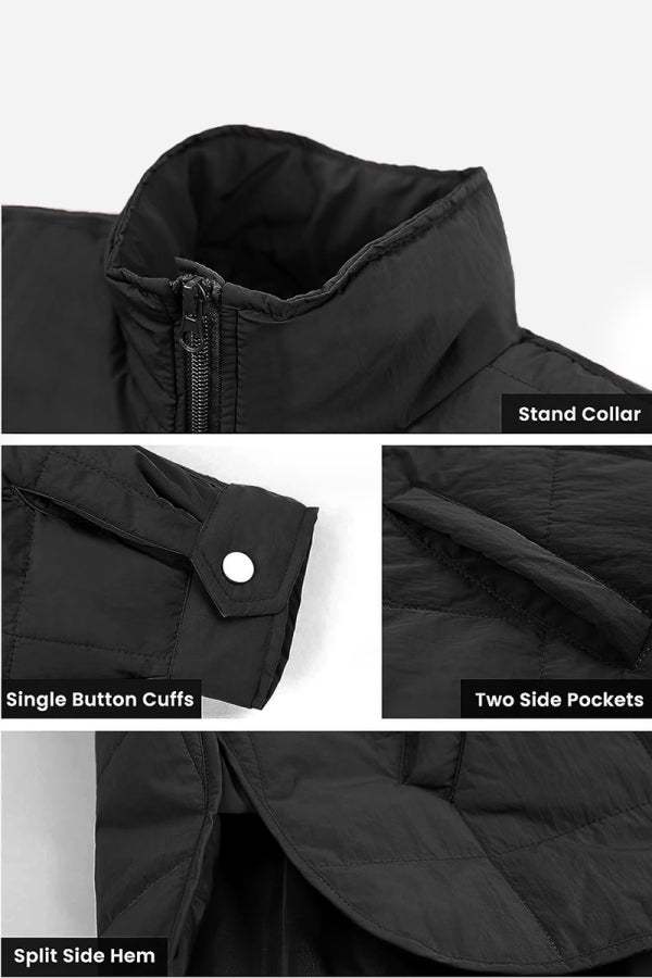 Lightweight puffer travel jacket packed compactly for easy travel and versatile style