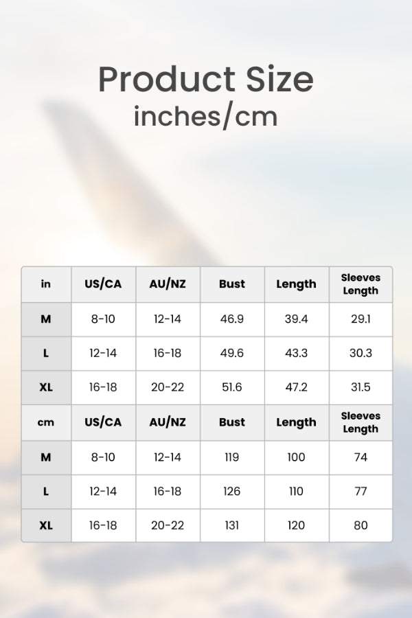 Chic Drizzle Defender raincoat size chart showing bust, length, and sleeve measurements in inches and centimeters for M, L, XL sizes