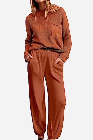 European Minimalism relaxed knit sweater top and loose trousers set in rust color