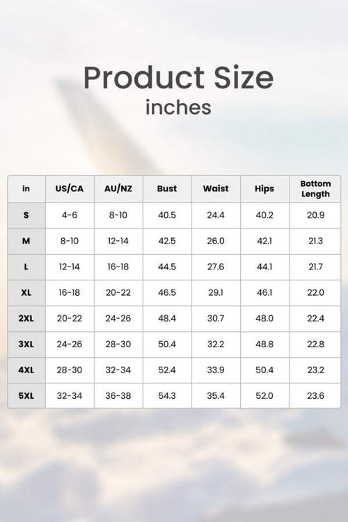 Size chart for Two-piece Set with loose shirt and high-waisted shorts in inches and US/CA, AU/NZ sizes.