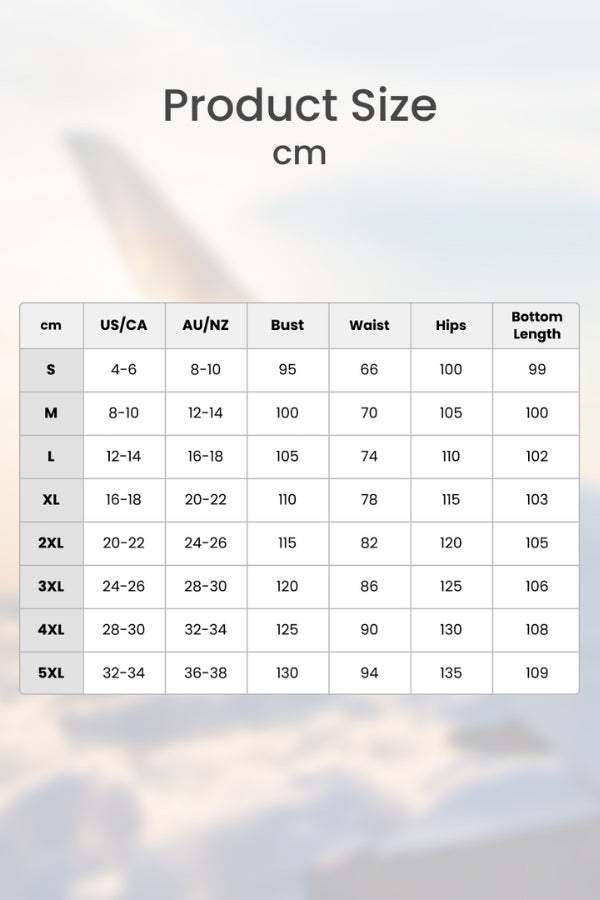 Size chart for dressed-up casual short-sleeved v-neck top and wide trouser suit in cm and US/AU sizes