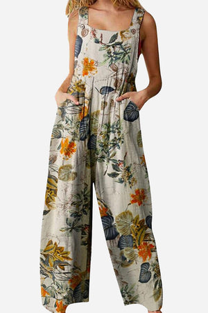 Bohemian Fantasy Overalls with floral print, square neckline, wide legs, and pockets, made of soft cotton blend